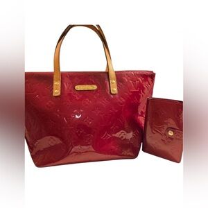 Louis Vuitton Red Patent Leather Tote Bag Matching wallet set
